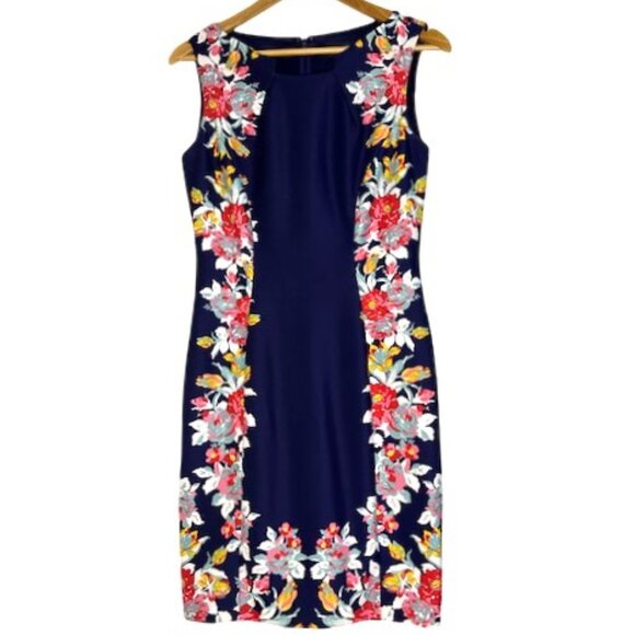 Tahari Arthur S Levine Dresses & Skirts - Tahari ASL Navy Blue with Floral Design Sheath Dress - Size 6